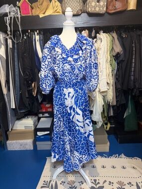 Blue & White Floral Midi Dress with Ruffled Collar